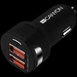 USB захранващ адаптер CANYON CNE-CCA04B, Dual USB car adapter, Input 12V-24V, Output 5V-2.4A, black rubber coating with silver electroplated ring