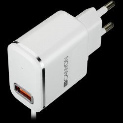 USB захранващ адаптер CANYON CNE-CHA043WS, Universal 1xUSB AC charger (in wall) with over-voltage protection,  plus lightning USB connector, Input 100V-240V, Output 5V-2.1A, with Smart IC, white(silver electroplated stripe), cable length 1m, 81*47.2*27mm, 0.059kg