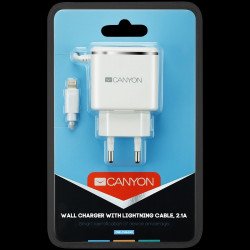 USB захранващ адаптер CANYON CNE-CHA043WS, Universal 1xUSB AC charger (in wall) with over-voltage protection,  plus lightning USB connector, Input 100V-240V, Output 5V-2.1A, with Smart IC, white(silver electroplated stripe), cable length 1m, 81*47.2*27mm, 0.059kg