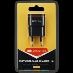 USB захранващ адаптер CANYON CNE-CHA01B, Universal 1xUSB AC charger (in wall) with over-voltage protection, Input 100V-240V, Output 5V-1A, black plastic +rubber coating (orange stripe)