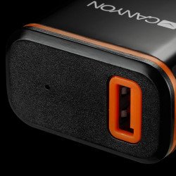 CANYON CNE-CHA042BO, Universal 1xUSB AC charger (in wall) with over-voltage protection, plus Type C USB connector, Input 100V-240V, Output 5V-2.1A, with Smart IC, black (orange stripe)?, cable length 1m, 81*47.2*27mm, 0.059kg