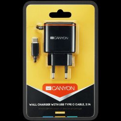 CANYON CNE-CHA042BO, Universal 1xUSB AC charger (in wall) with over-voltage protection, plus Type C USB connector, Input 100V-240V, Output 5V-2.1A, with Smart IC, black (orange stripe)?, cable length 1m, 81*47.2*27mm, 0.059kg