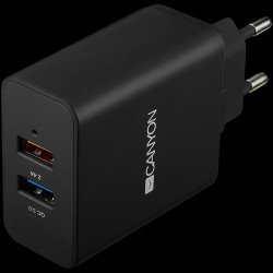 USB захранващ адаптер CANYON CNE-CHA07B, Universal 2xUSB AC charger (in wall) with over-voltage protection(1 USB with Quick Charger QC3.0), Input 100V-240V, Output USB/5V-2.4A+QC3.0/5V-2.4A&9V-2A&12V-1.5A, with Smart IC, Black rubber coating+QC3.0 port in blue/other port in o