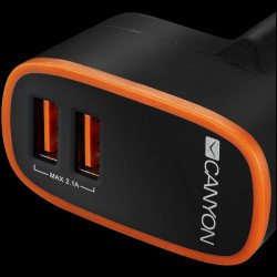 USB захранващ адаптер CANYON CNE-CHA02B, Universal 2xUSB AC charger (in wall) with over-voltage protection, Input 100V-240V, Output 5V-2.1A , with Smart IC, black rubber coating with orange stripe