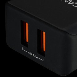 USB захранващ адаптер CANYON CNE-CHA03B, Universal 2xUSB AC charger (in wall) with over-voltage protection, Input 100V-240V, Output 5V-2.1A, with Smart IC, black rubber coating with side parts+glossy with other parts