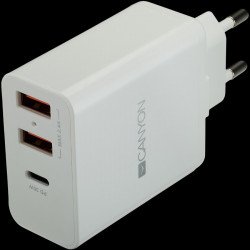 USB захранващ адаптер CANYON CNE-CHA08W, Universal 3xUSB AC charger (in wall) with over-voltage protection(1 USB-C with PD Quick Charger), Input 100V-240V, OutputUSB-A/5V-2.4A+USB-C/PD30W, with Smart IC, White Glossy Color+ orange plastic part of USB
