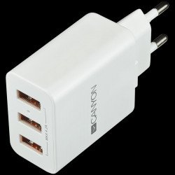 USB захранващ адаптер CANYON CNE-CHA05W, Universal 3xUSB AC charger (in wall) with over-voltage protection, Input 100V-240V, Output 5V-4.2A, with Smart IC, white glossy color+ orange plastic part of USB