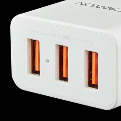 USB захранващ адаптер CANYON CNE-CHA05W, Universal 3xUSB AC charger (in wall) with over-voltage protection, Input 100V-240V, Output 5V-4.2A, with Smart IC, white glossy color+ orange plastic part of USB