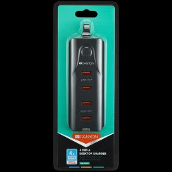 USB захранващ адаптер CANYON CNE-CHA09B, Universal 4xUSB AC charger (in wall) with over-voltage protection, Input 100V-240V, Output 5V-4.2A, with Smart IC, Black rubber coating+ orange plastic part of USB