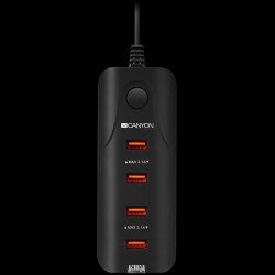USB захранващ адаптер CANYON CNE-CHA09B, Universal 4xUSB AC charger (in wall) with over-voltage protection, Input 100V-240V, Output 5V-4.2A, with Smart IC, Black rubber coating+ orange plastic part of USB