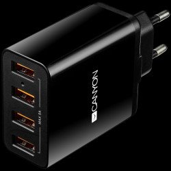 USB захранващ адаптер CANYON CNE-CHA06B, Universal 4xUSB AC charger (in wall) with over-voltage protection, Input 100V-240V, Output 5V-5A, with Smart IC, black glossy color+orange plastic part of USB