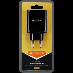 USB захранващ адаптер CANYON CNE-CHA06B, Universal 4xUSB AC charger (in wall) with over-voltage protection, Input 100V-240V, Output 5V-5A, with Smart IC, black glossy color+orange plastic part of USB