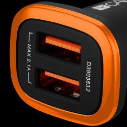 USB захранващ адаптер CANYON CNE-CCA02B, Universal  2xUSB car adapter, Input 12V-24V, Output 5V-2.1A, with Smart IC, black rubber coating with orange electroplated ring(without LED backlighting)