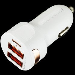 USB захранващ адаптер CANYON CNE-CCA04W, Universal 2xUSB car adapter, Input 12V-24V, Output 5V-2.4A, with Smart IC, white glossy with rose-gold electroplated ring