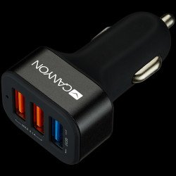 USB захранващ адаптер CANYON CNE-CCA07B, Universal 3xUSB car adapter(1 USB with Quick Charger QC3.0), Input 12-24V, Output USB/5V-2.1A+QC3.0/5V-2.4A&9V-2A&12V-1.5A, with Smart IC, black rubber coating+black metal ring+QC3.0 port with blue/other ports in orange,  66*35.2*25.1mm, 0.025