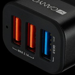 USB захранващ адаптер CANYON CNE-CCA07B, Universal 3xUSB car adapter(1 USB with Quick Charger QC3.0), Input 12-24V, Output USB/5V-2.1A+QC3.0/5V-2.4A&9V-2A&12V-1.5A, with Smart IC, black rubber coating+black metal ring+QC3.0 port with blue/other ports in orange,  66*35.2*25.1mm, 0.025