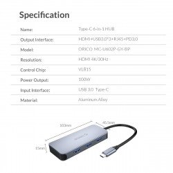 Аксесоари ORICO докинг станция Docking Station Type-C Power Distribution 3.0 100W - LAN, HDMI, Type-C x 1, USB3.0 x 3 -  MC-U602P