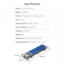 Аксесоари ORICO Orico външна кутия за диск Storage - Case - M.2 NVMe/SATA M/B key - USB3.1 Type-C Gen.2 10Gbps, Blue - TCM2M-C3