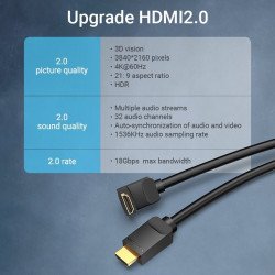 Кабел / Преходник VENTION    Vention Кабел HDMI Right Angle 90 Degree v2.0 M / M 4K/60Hz Gold - 2M Black - AARBH