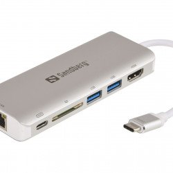 SSD Твърд диск SANDBERG SNB-136-18 :: Докинг станция USB Type-C към HDMI+LAN+SD+USB, 61W