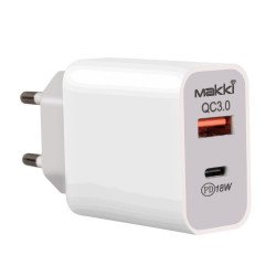 USB захранващ адаптер Зарядно Fast Charger Wall - QC3.0 + Power Distribution Type-C 18W White - MAKKI-PQ18W-WH