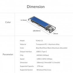 SSD Твърд диск ORICO Външна кутия за диск Storage - Case - M.2 NVMe M key - USB3.1 Type-C - TCM2-C3-BK