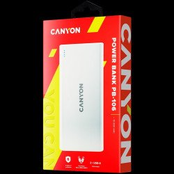Външна батерия/Power bank CANYON PB-106 Power bank 10000mAh Li-poly battery, Input 5V/2A, Output 5V/2.1A(Max), USB cable length 0.3m, 140*68*16mm, 0.24Kg, White