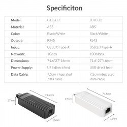 Кабел / Преходник ORICO адаптер USB3.0 to LAN Gigabit 1000Mbps black - UTK-U3