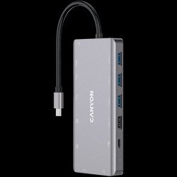 Аксесоари за лаптопи CANYON DS-12, 13 in 1 USB C hub, with 2*HDMI, 3*USB3.0: support max. 5Gbps, 1*USB2.0: support max. 480Mbps, 1*PD: support max 100W PD, 1*VGA,1* Type C data, 1*Glgabit Ethernet, 1*3.5mm audio jack, cable 15cm, Aluminum alloy housing,130*57.5*15 mm,DarK gray